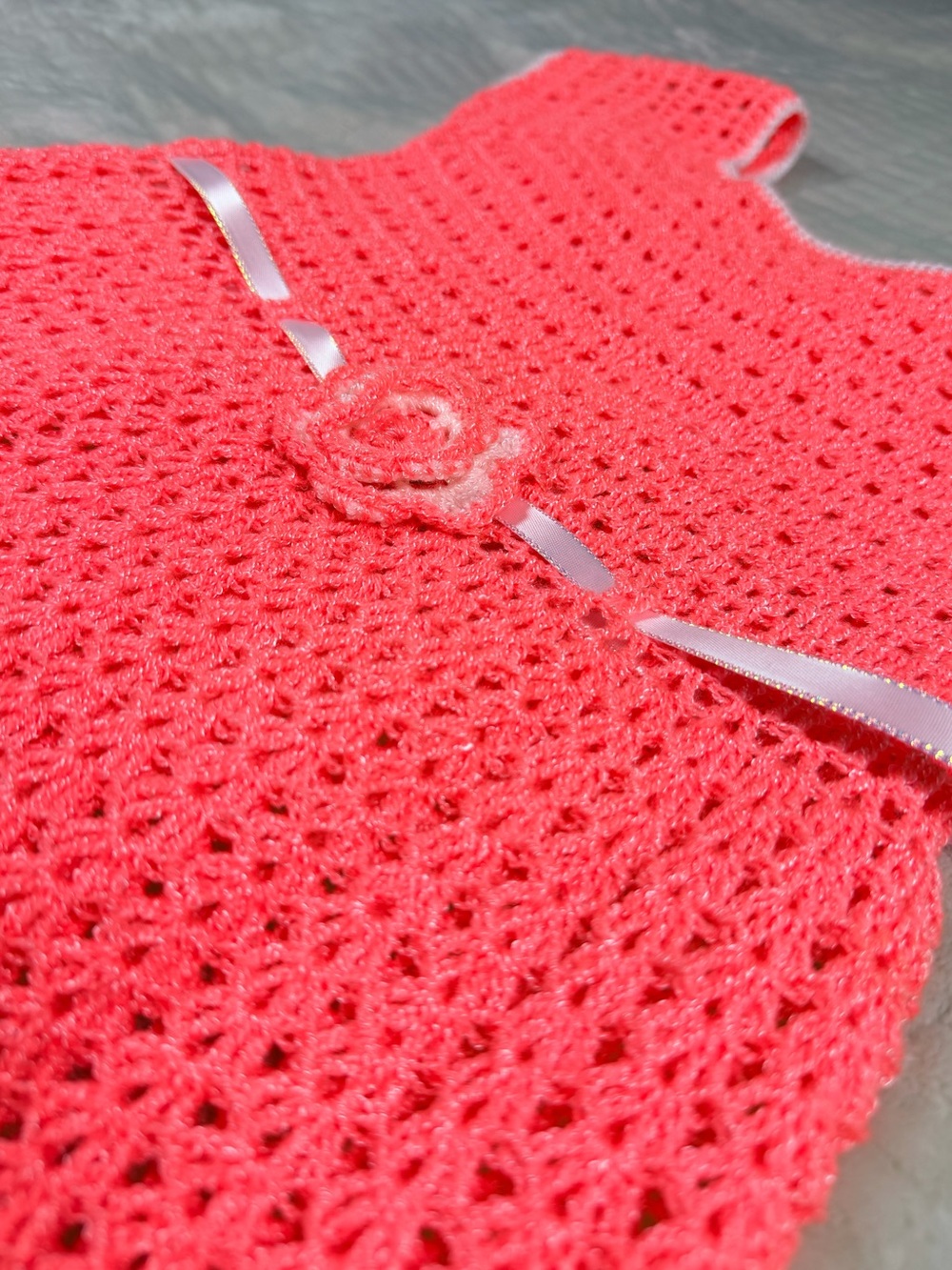 Handmade Crochet Girls Dress Pink Coral Cottagecore Heirloom Flower Ribbon - Picture 10 of 12